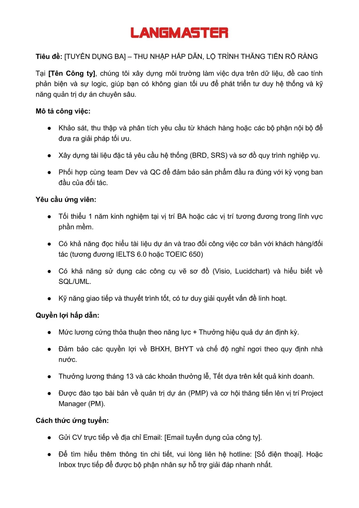 Mẫu tin tuyển dụng vị trí nhân viên Business Analyst (BA)