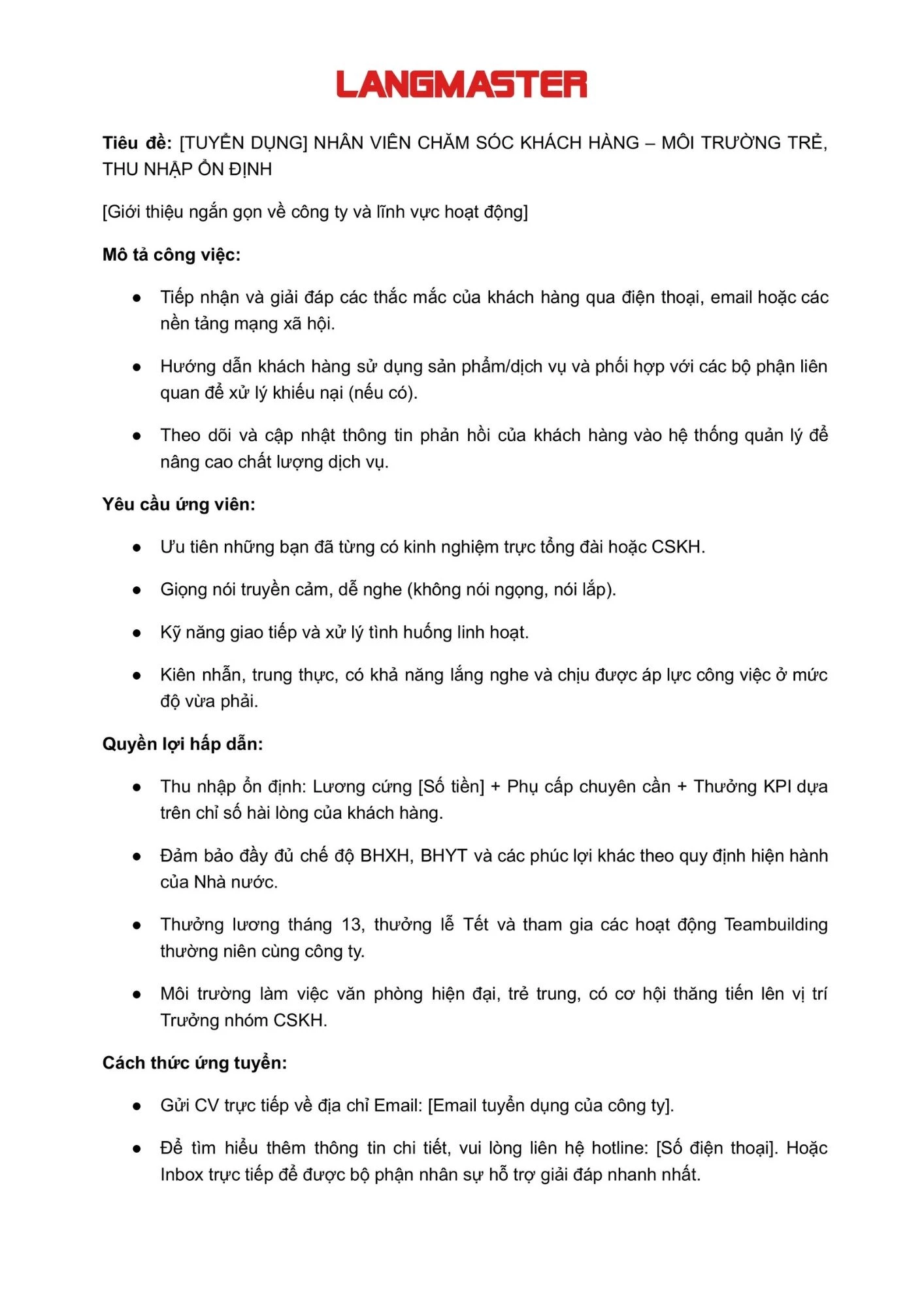 Mẫu tin tuyển dụng vị trí nhân viên Chăm sóc khách hàng