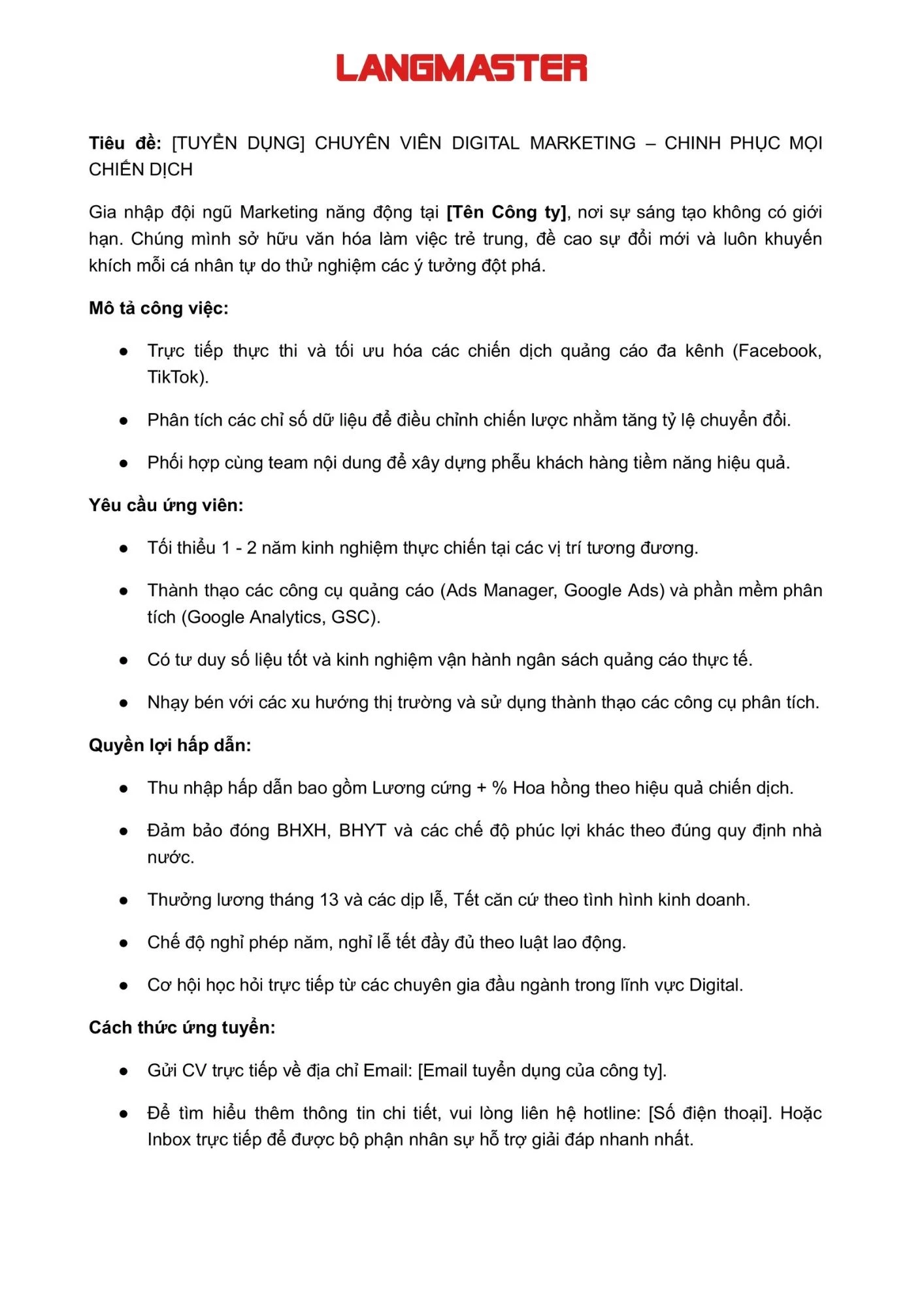 Mẫu tin tuyển dụng vị trí nhân viên Digital Marketing