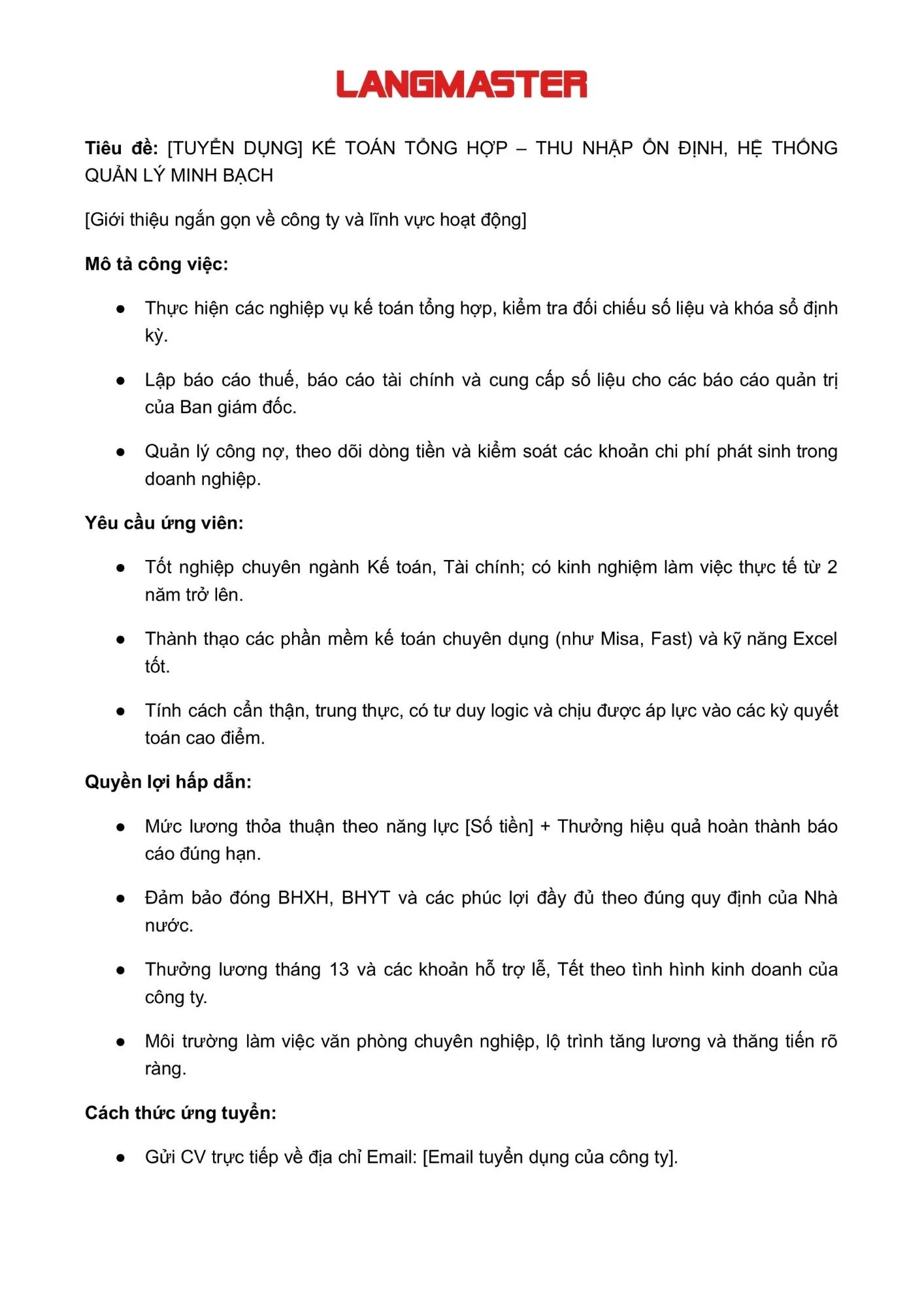 Mẫu tin tuyển dụng vị trí nhân viên Kế toán tổng hợp