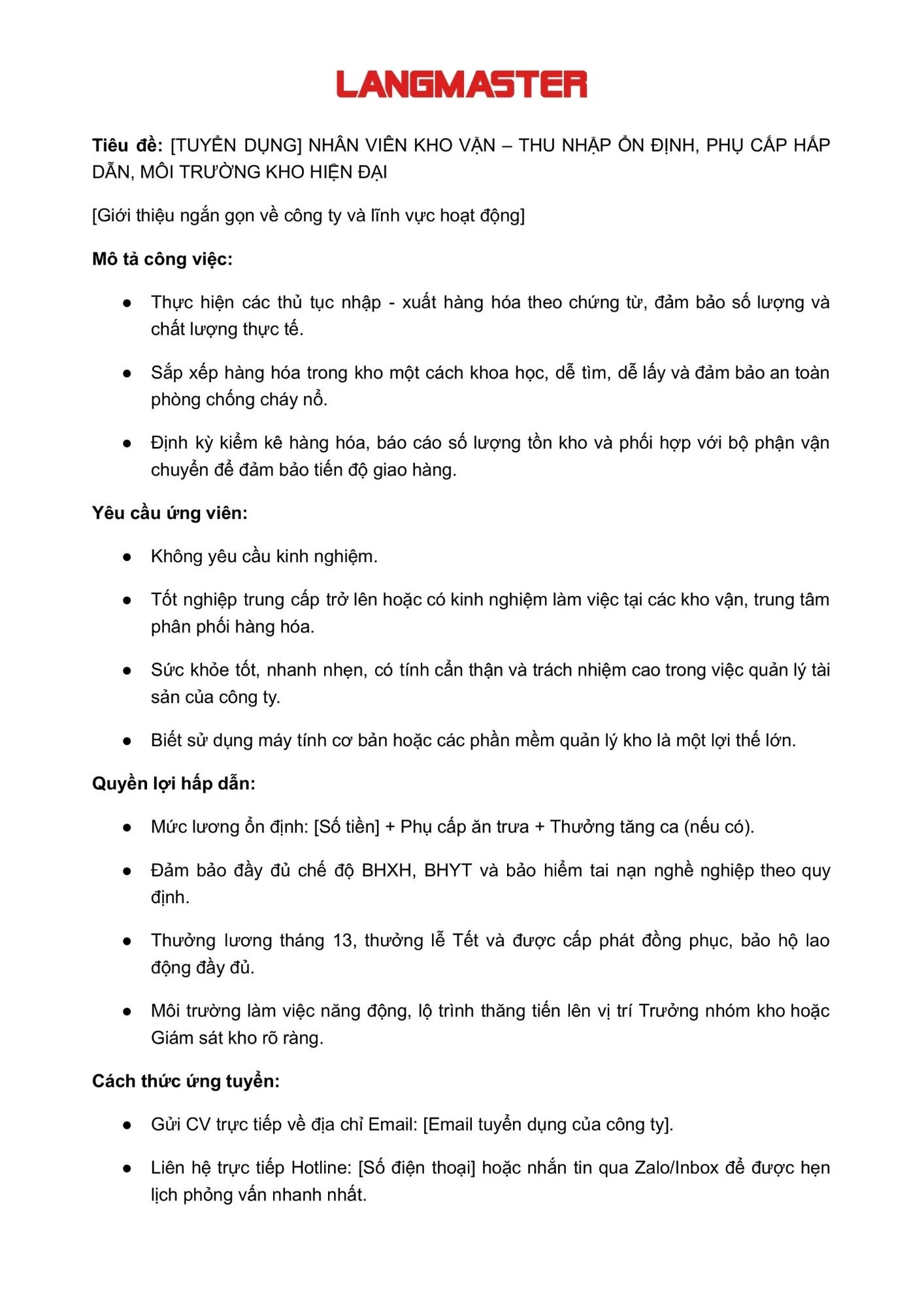 Mẫu tin tuyển dụng vị trí nhân viên Kho vận - Logistics