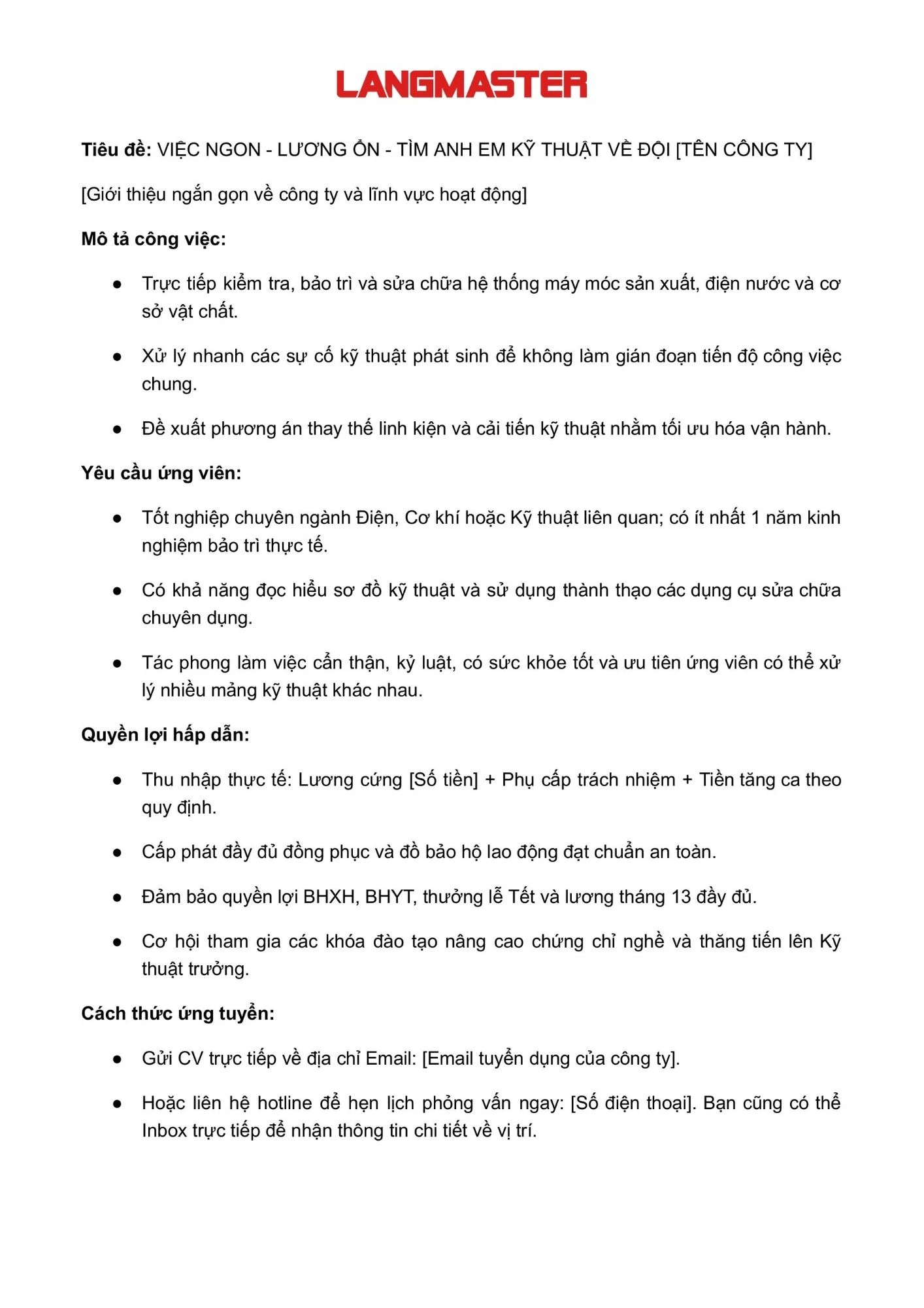 Mẫu tin tuyển dụng vị trí nhân viên Kỹ thuật - Bảo trì