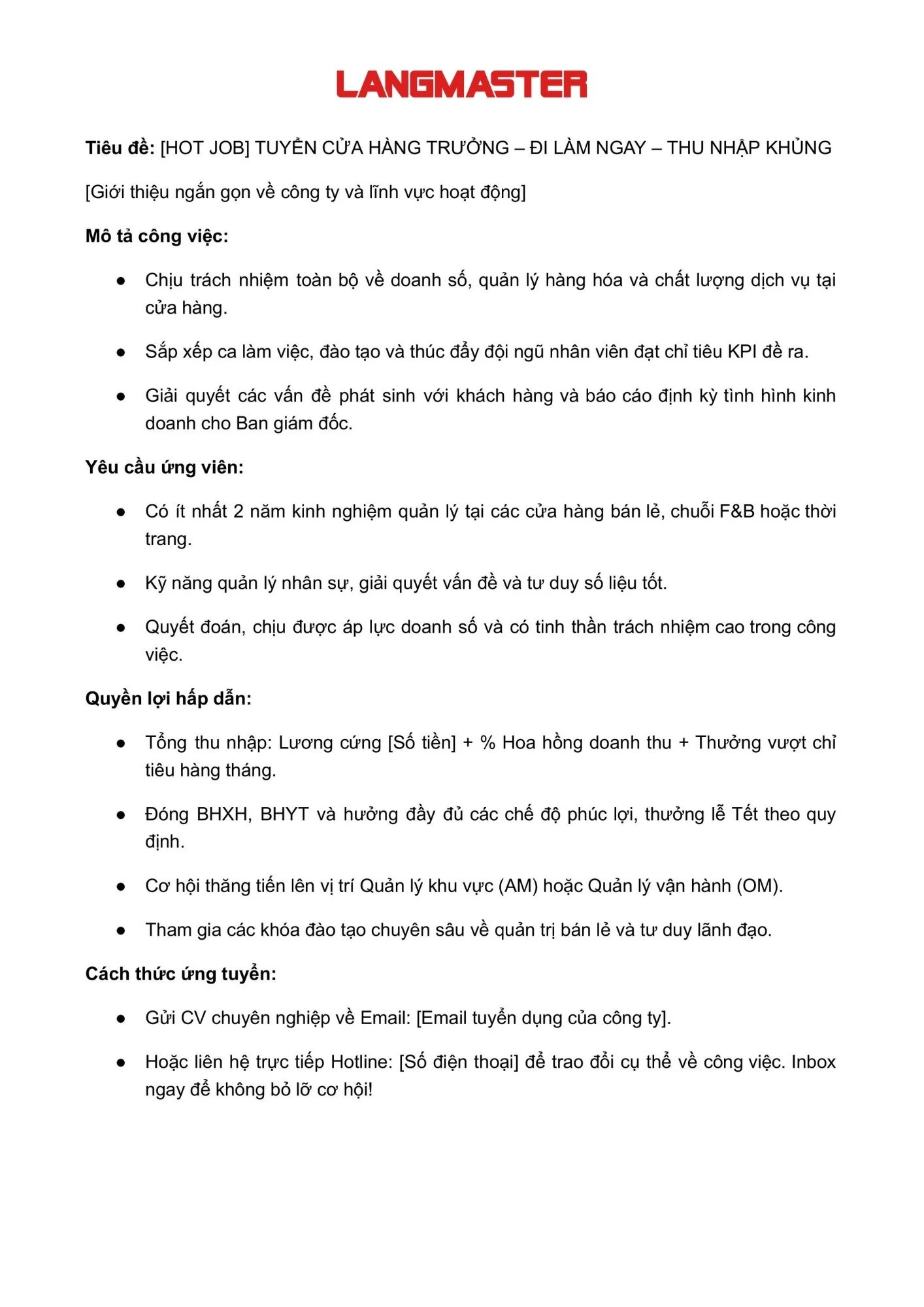 Mẫu tin tuyển dụng vị trí nhân viên Quản lý cửa hàng