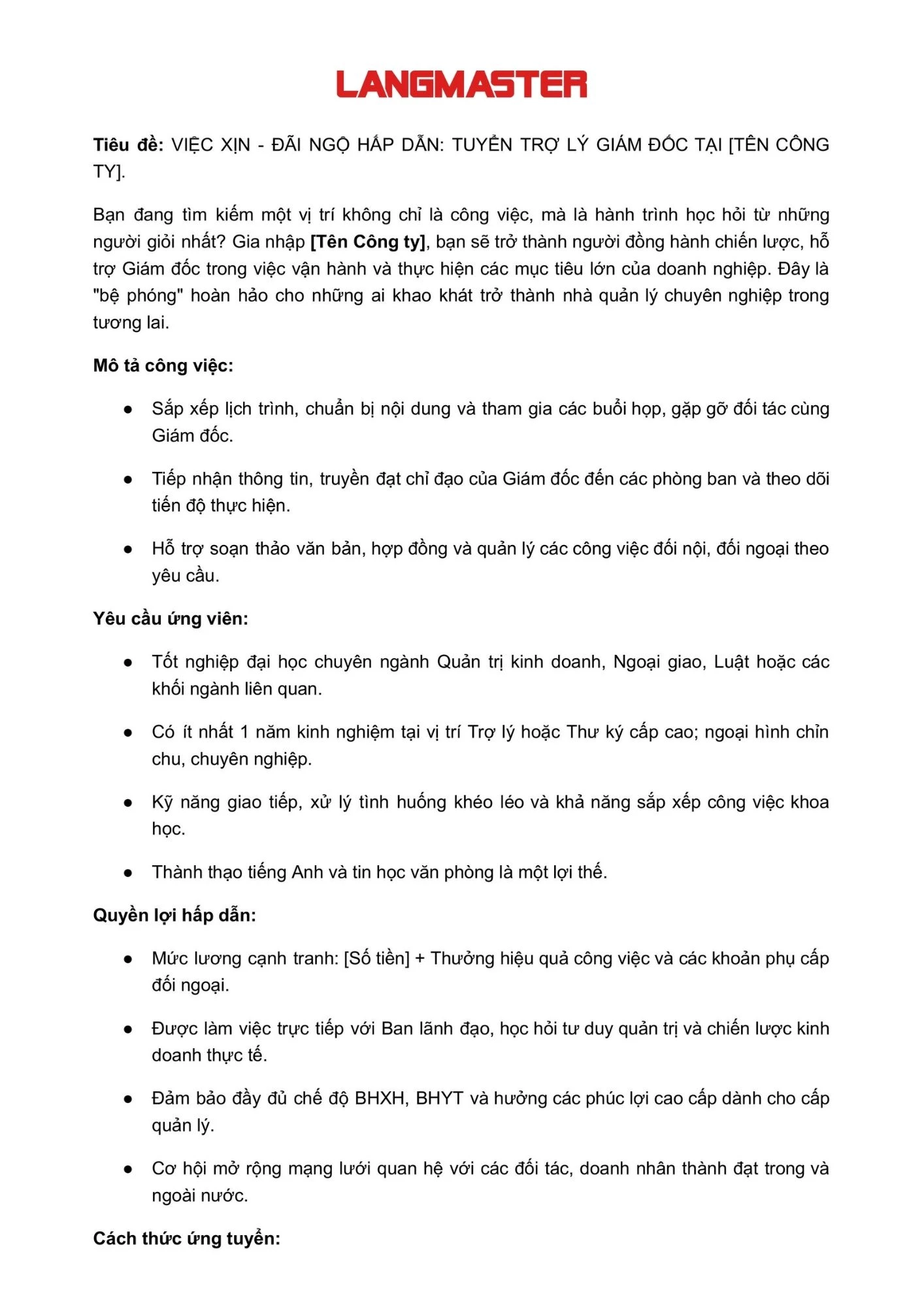 Mẫu tin tuyển dụng vị trí nhân viên Trợ lý giám đốc