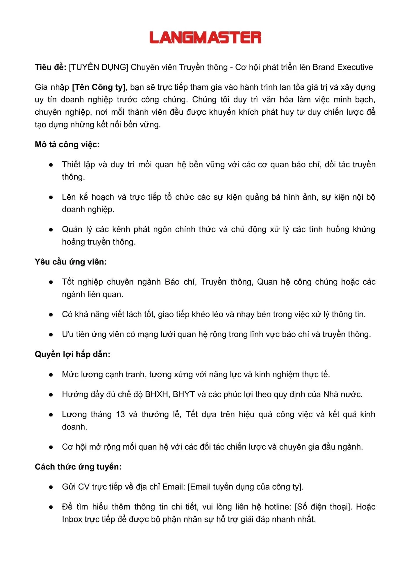Mẫu tin tuyển dụng vị trí nhân viên Truyền thông - PR
