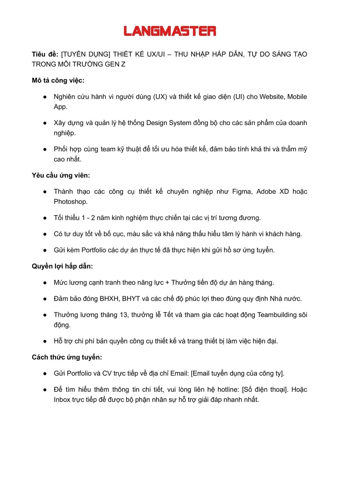 Mẫu tin tuyển dụng vị trí nhân viên UX/UI Designer