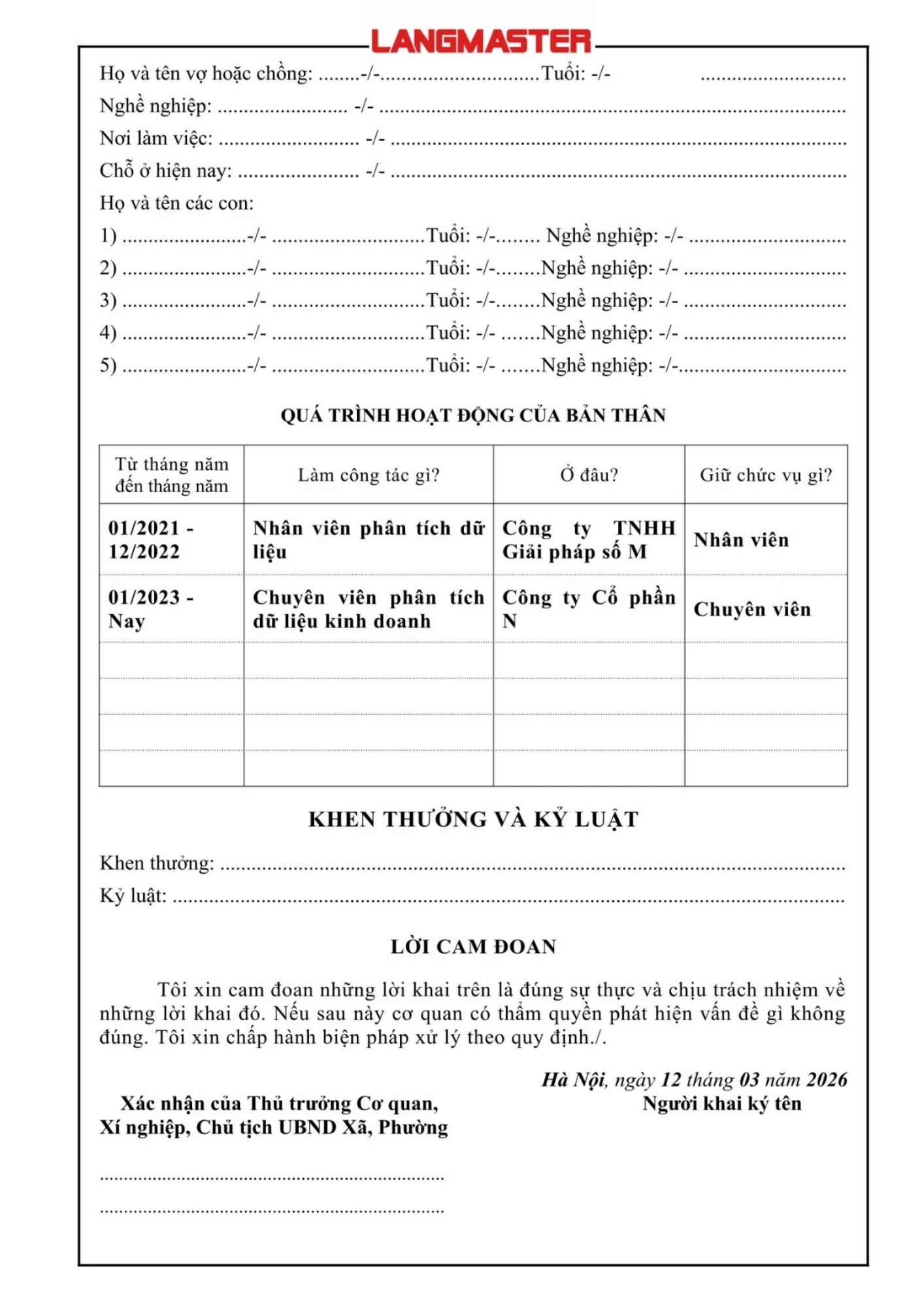 Trình bày phần quá trình công tác một cách ngắn gọn, cụ thể