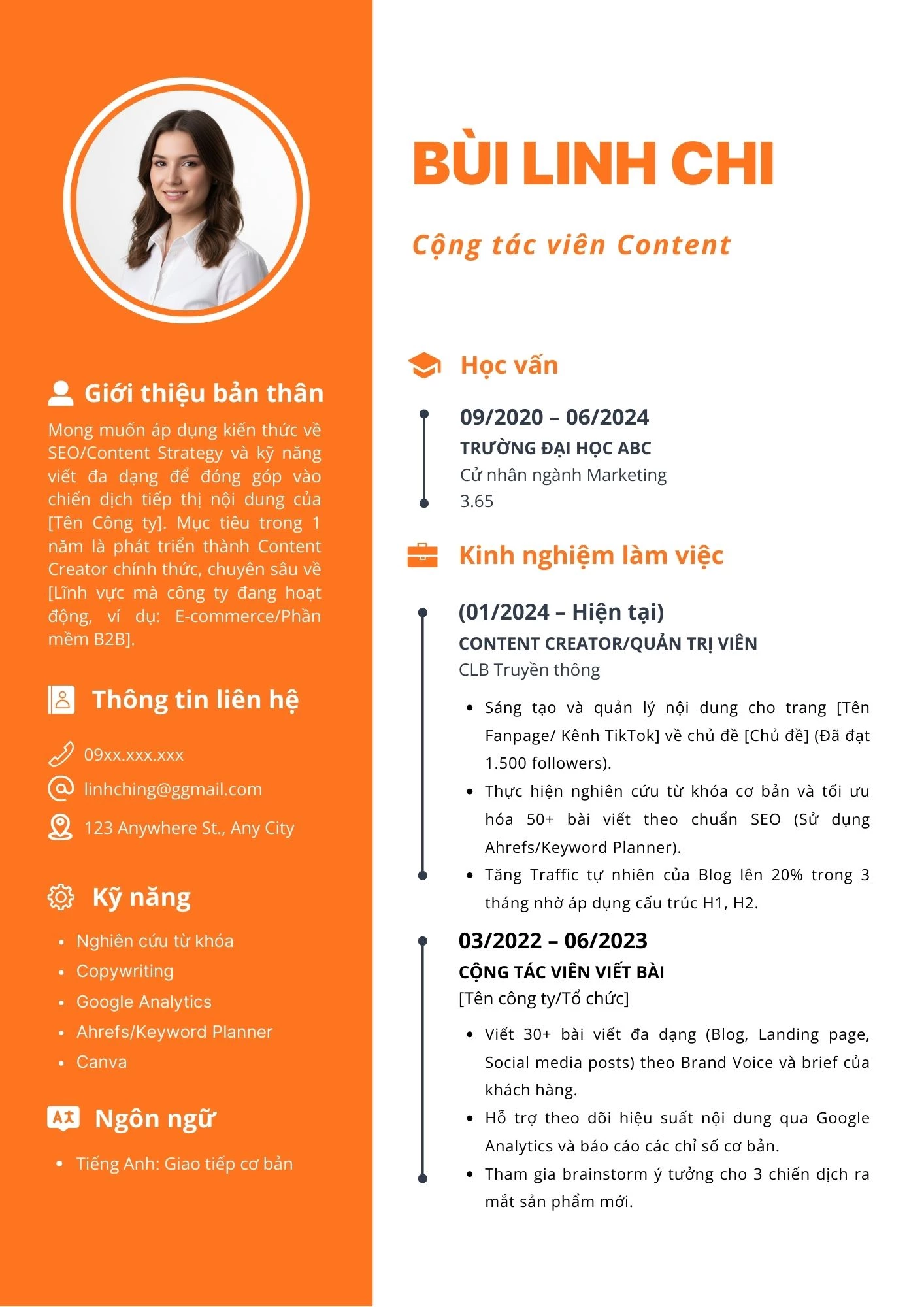 Mẫu CV cho sinh viên chưa có kinh nghiệm