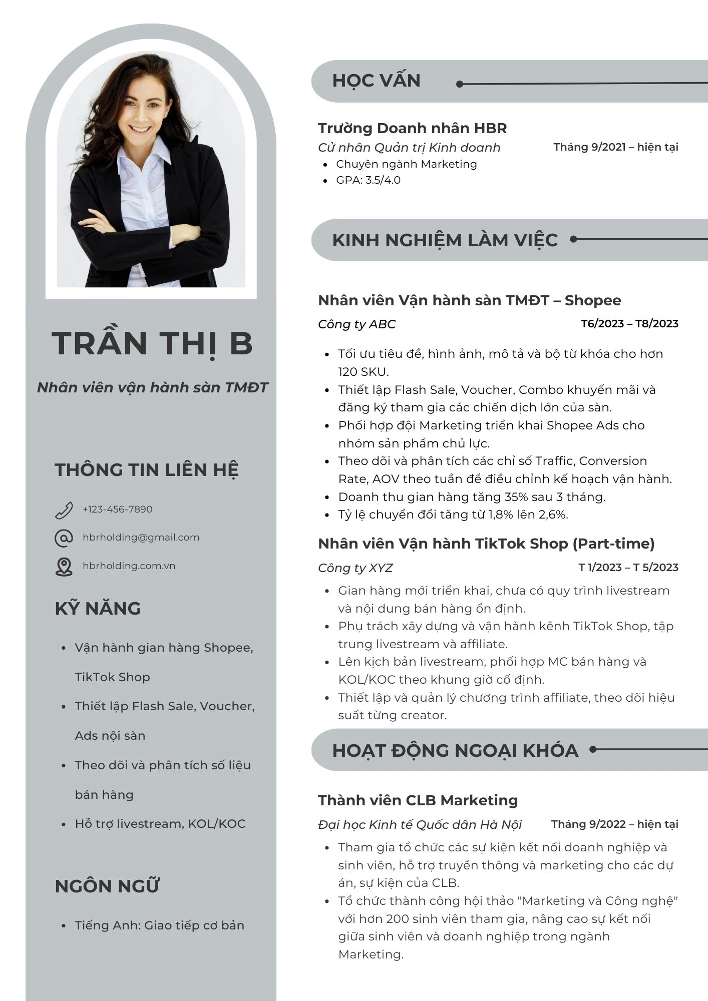 Mẫu CV cho sinh viên làm vị trí vận hành sàn thương mại điện tử