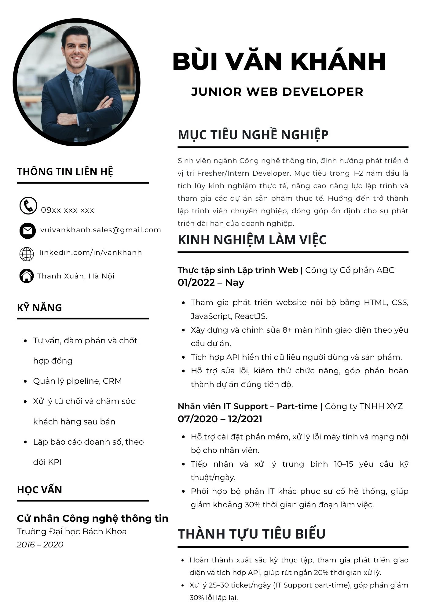 Mẫu CV cho sinh viên ngành Công nghệ thông tin