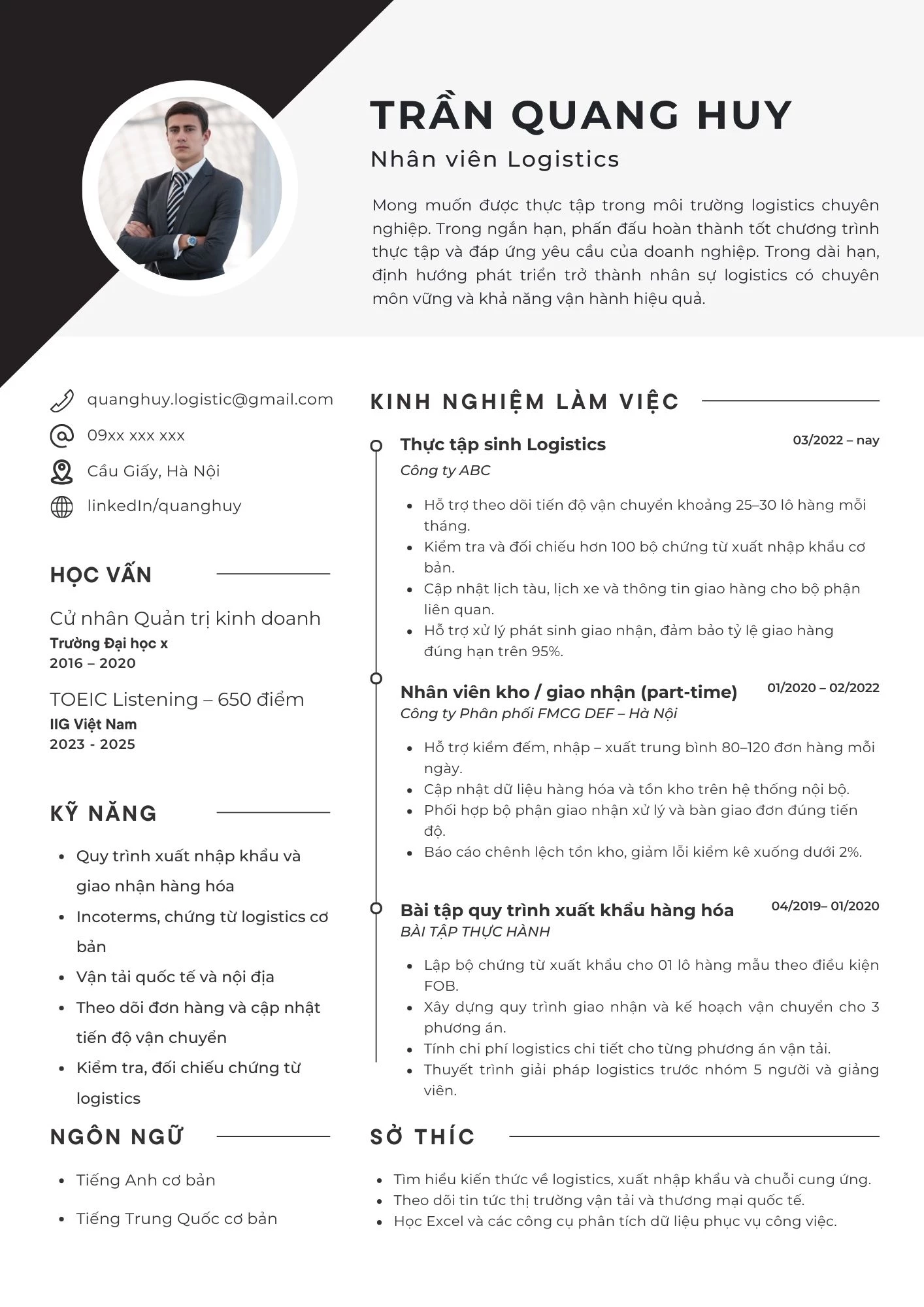 Mẫu CV cho sinh viên ngành Logistics