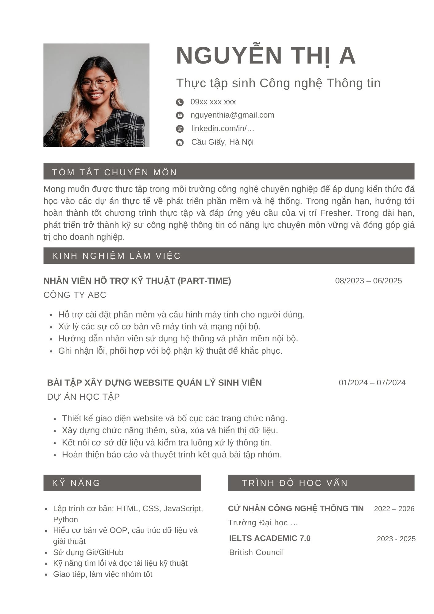 Mẫu CV cho sinh viên thực tập ngành Công nghệ thông tin