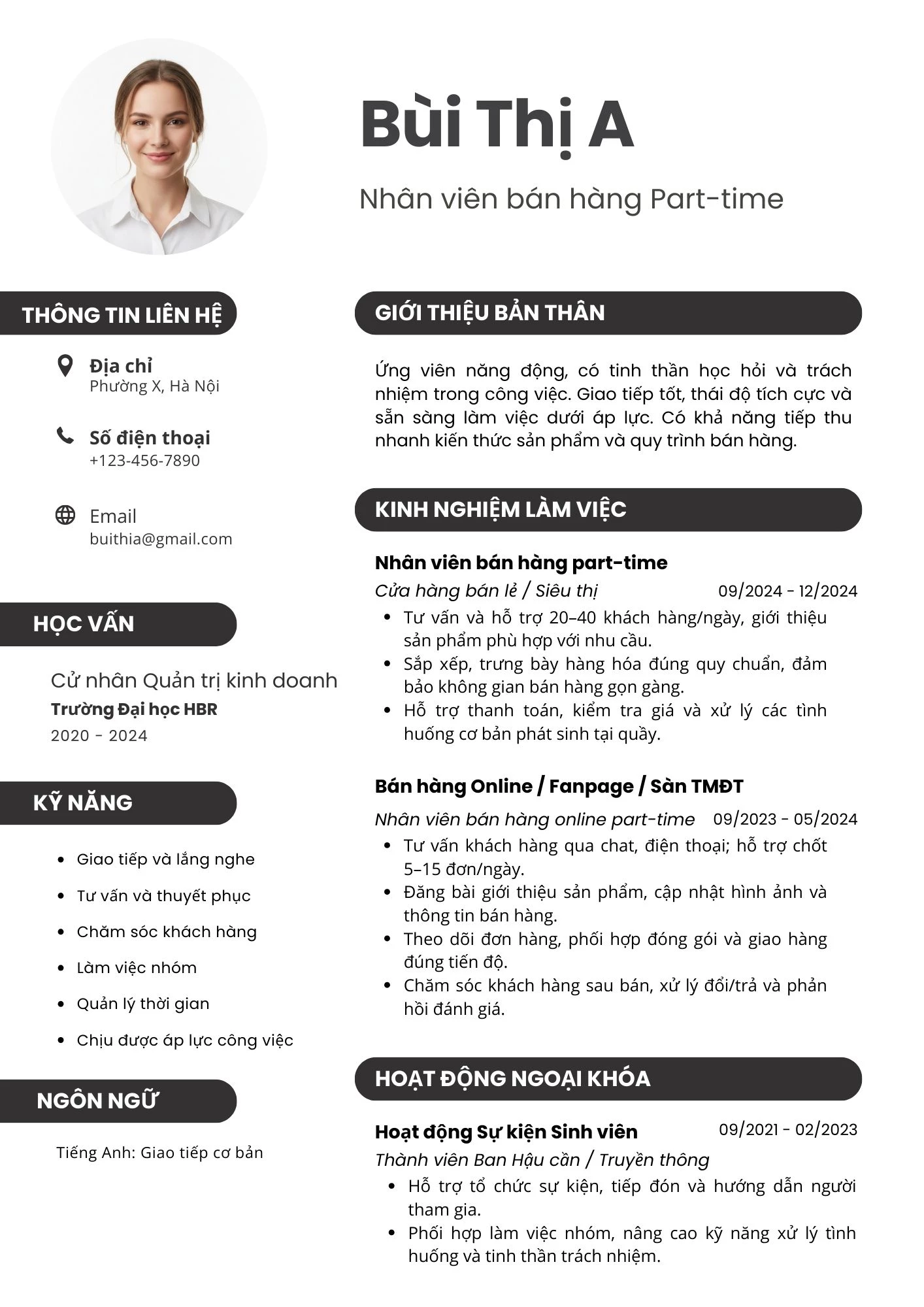 Mẫu CV xin việc part time cho sinh viên