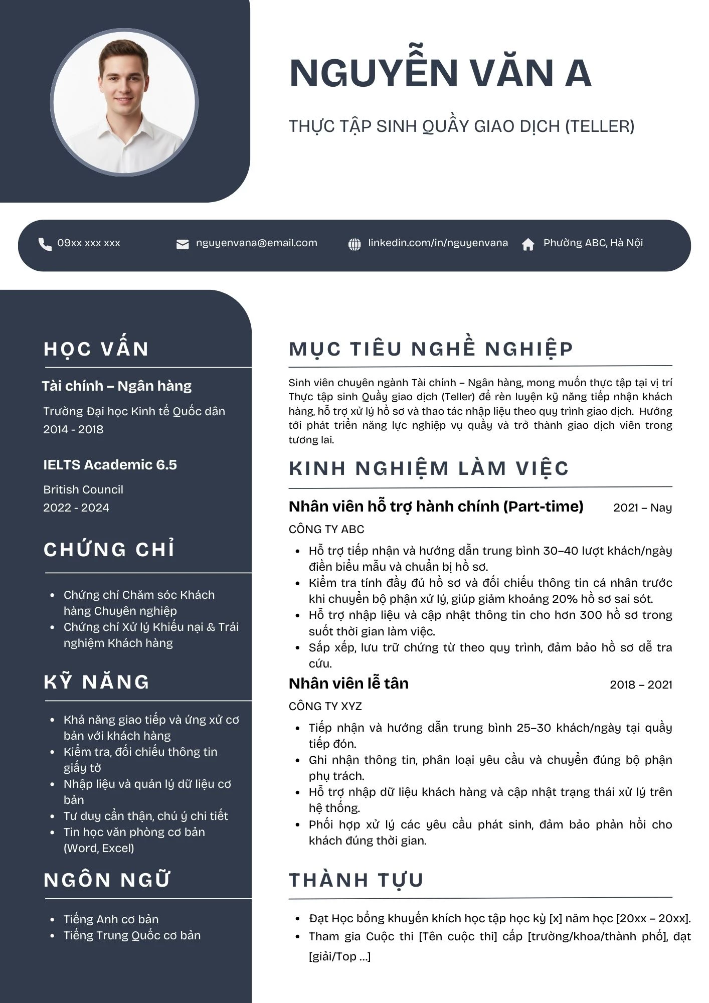 CV mẫu thực tập sinh Teller ngành ngân hàng