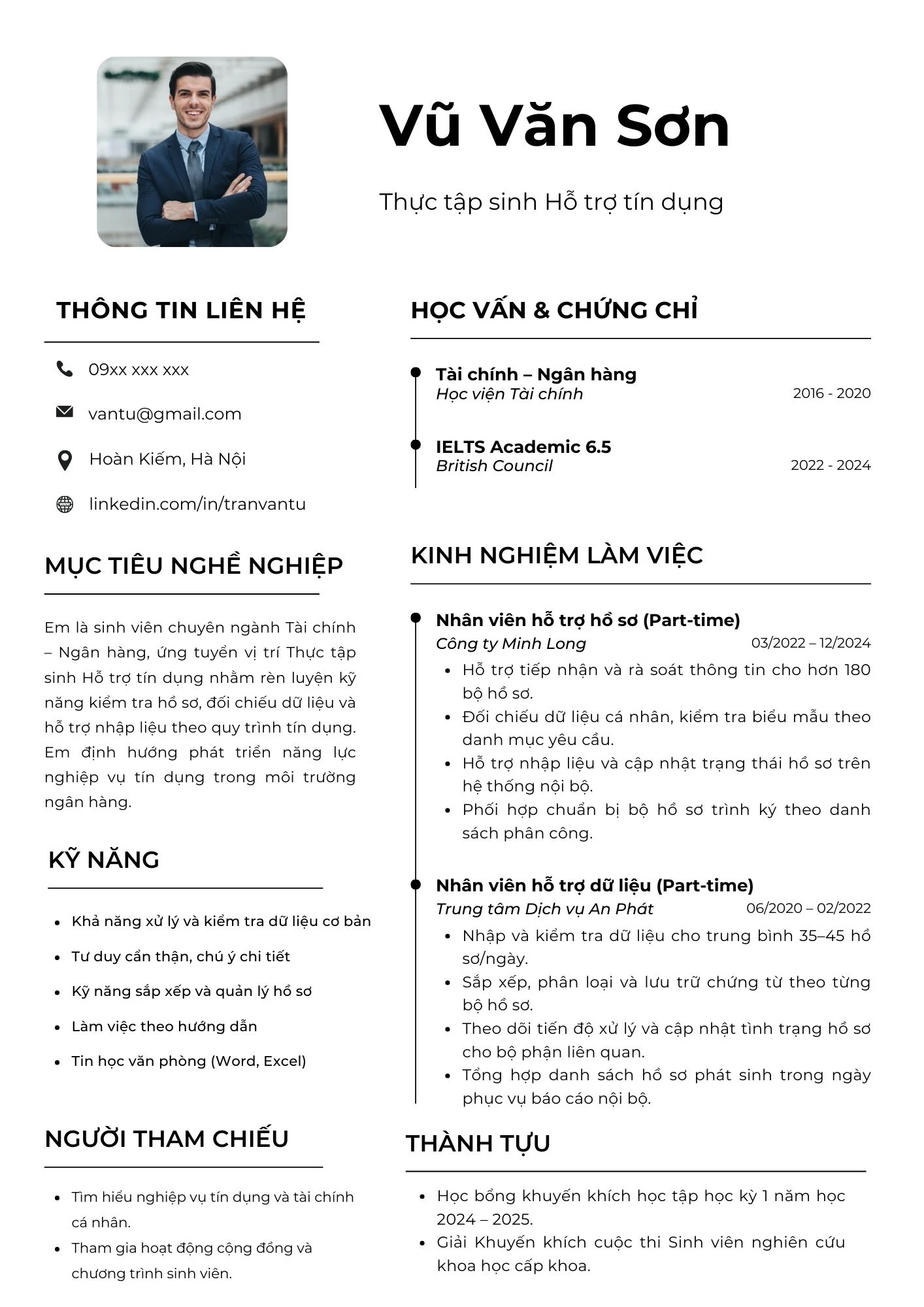 Mẫu CV thực tập ngân hàng hỗ trợ tín dụng bài bản phù hợp cho sinh viên