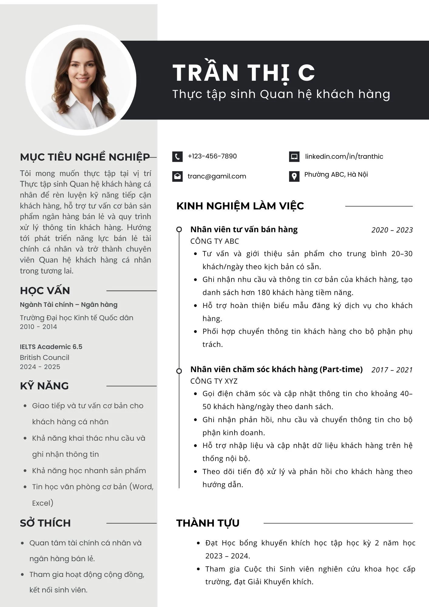 Mẫu CV thực tập ngân hàng vị trí quan hệ khách hàng cá nhân chuẩn chỉnh