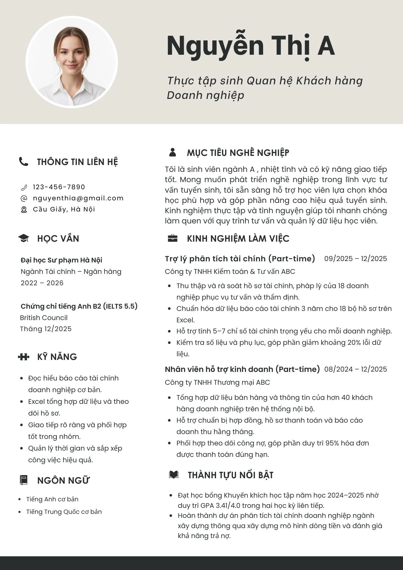 Mẫu CV thực tập ngân hàng vị trí quan hệ khách hàng doanh nghiệp ấn tượng