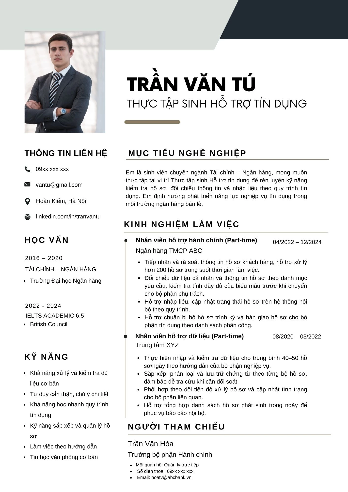Mẫu CV thực tập sinh ngân hàng hỗ trợ tín dụng