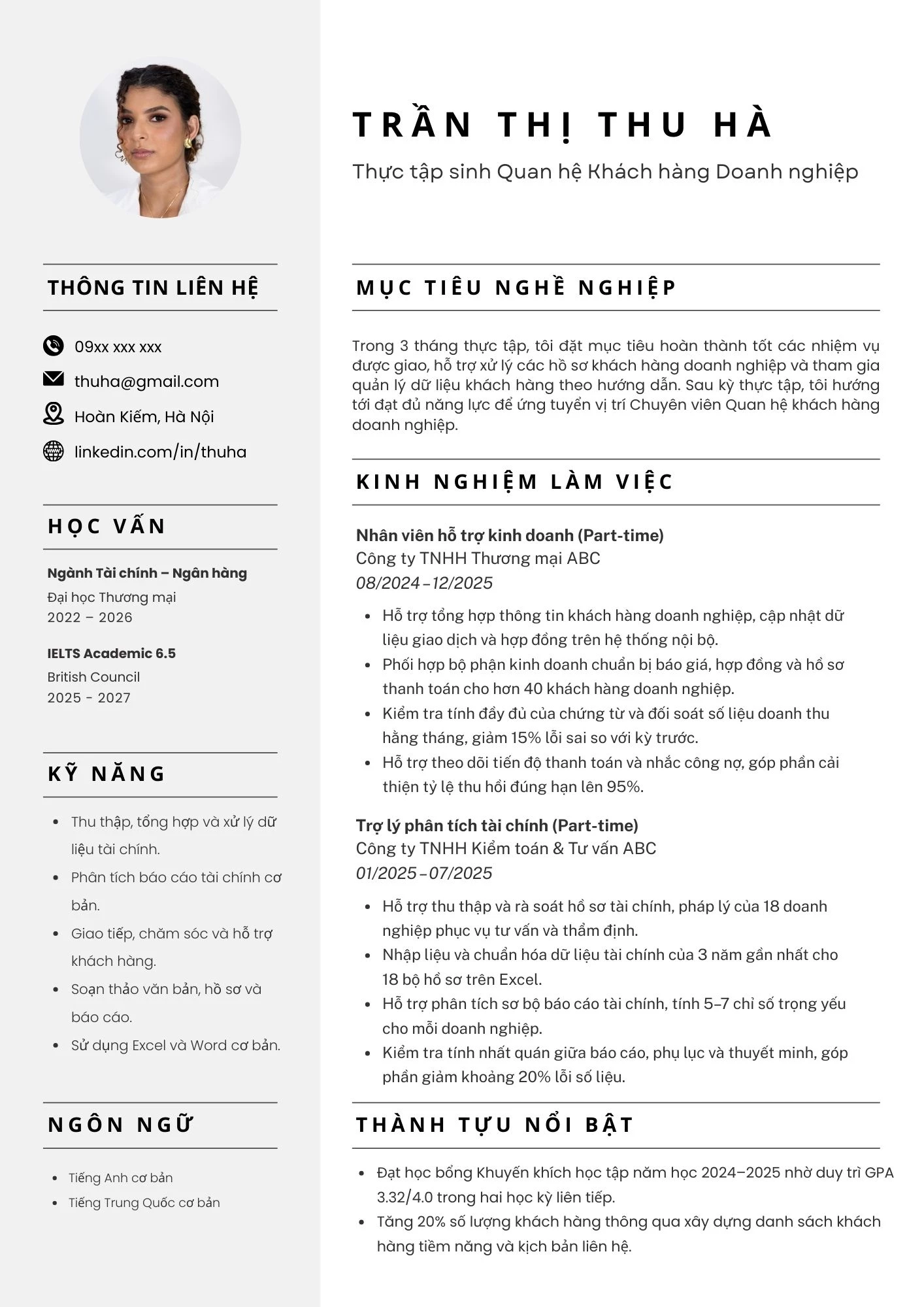 Mẫu CV thực tập sinh ngân hàng vị trí quan hệ khách hàng doanh nghiệp