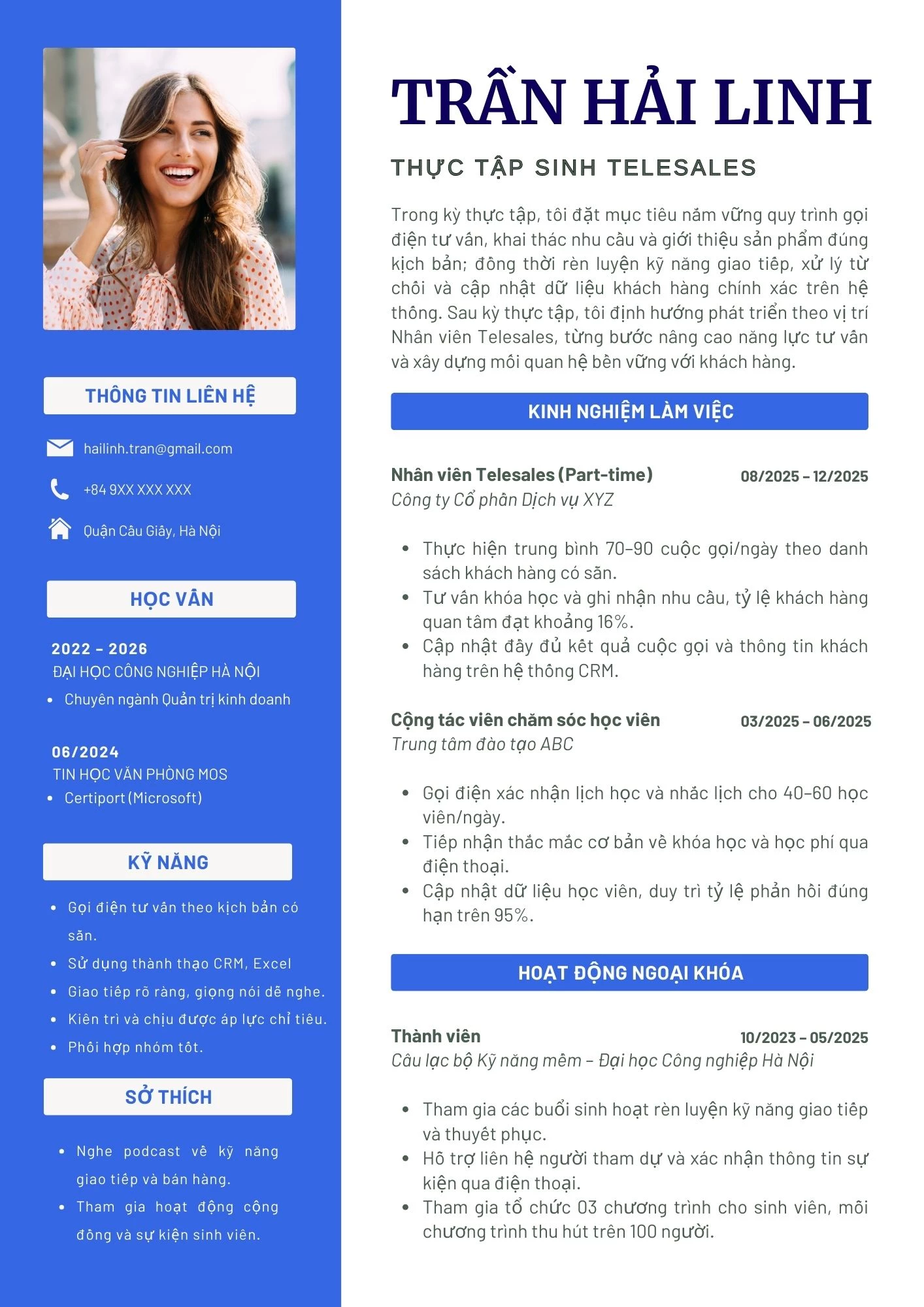 Mẫu CV thực tập sinh ngân hàng Telesales chuyên nghiệp