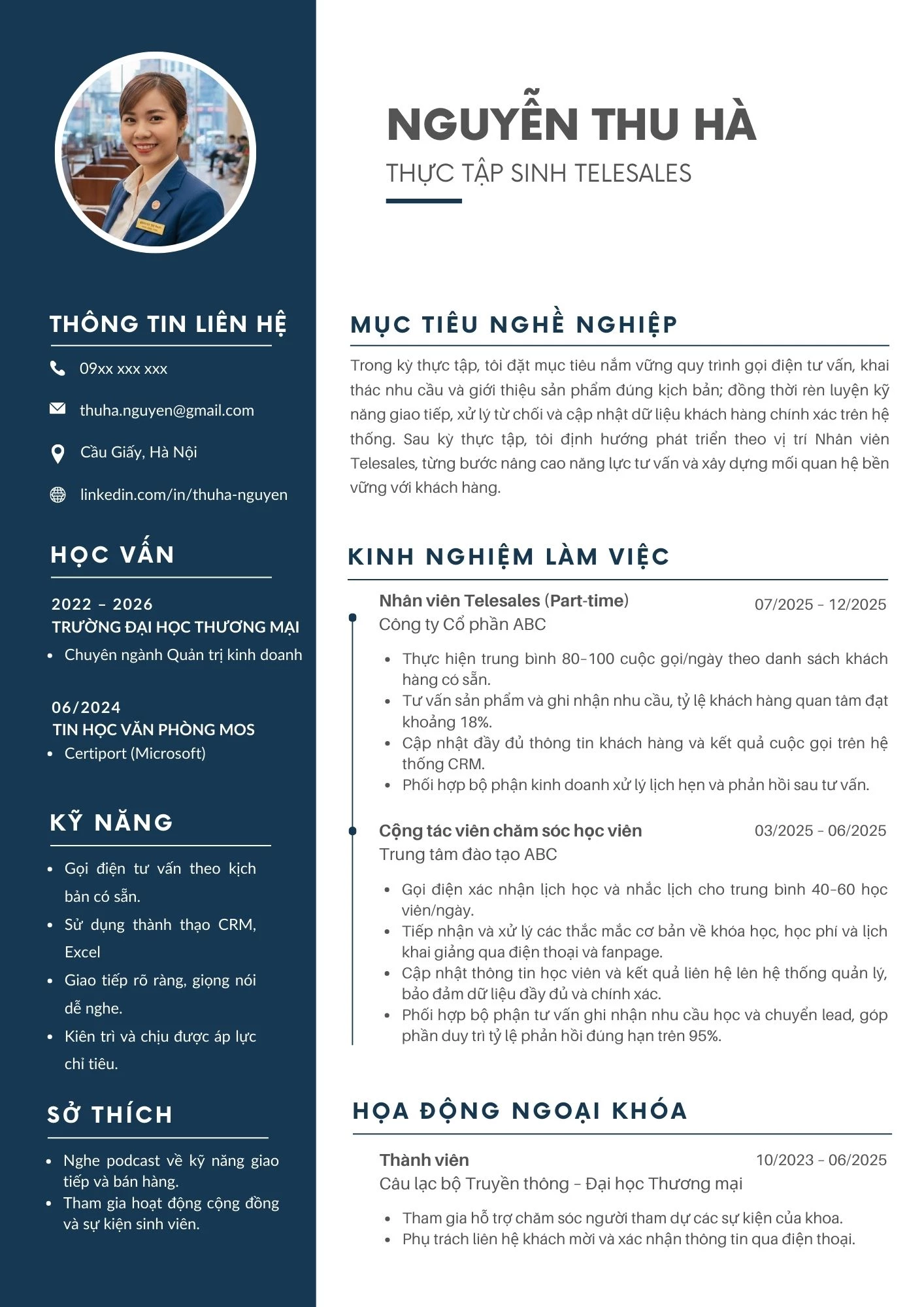 Mẫu CV thực tập sinh ngân hàng Telesales