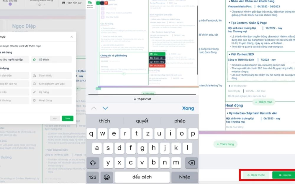 Bước 3: Nhập thông tin cá nhân, chỉnh sửa nội dung