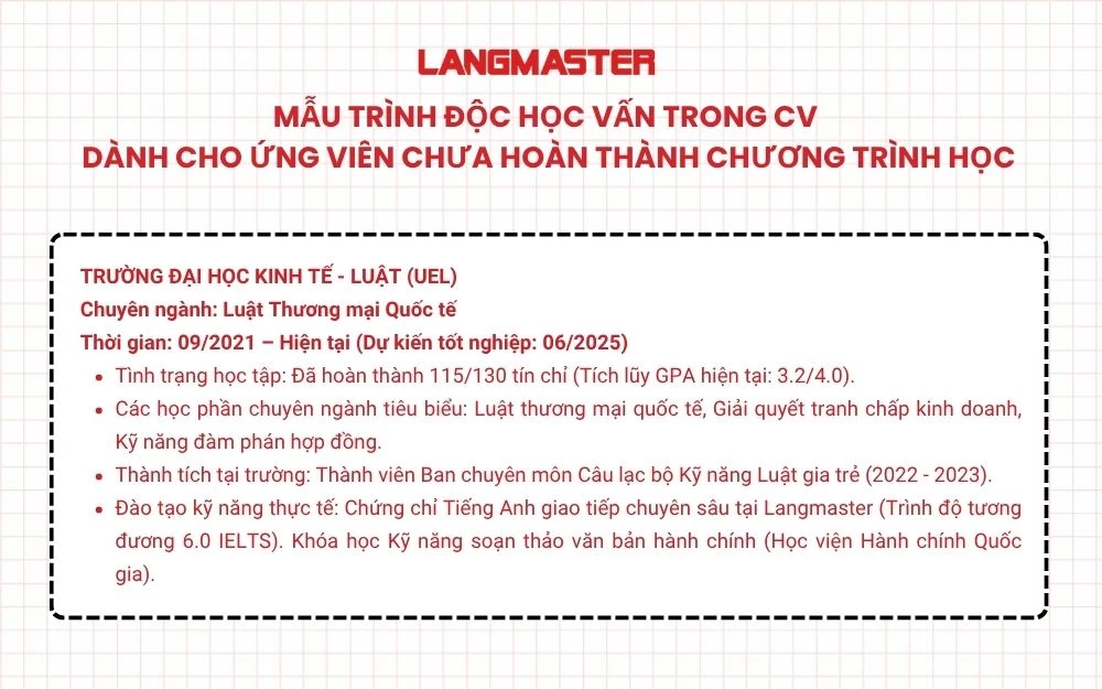 Mẫu trình bày trình độ học vấn trong CV dành cho ứng chưa hoàn thành chương trình học