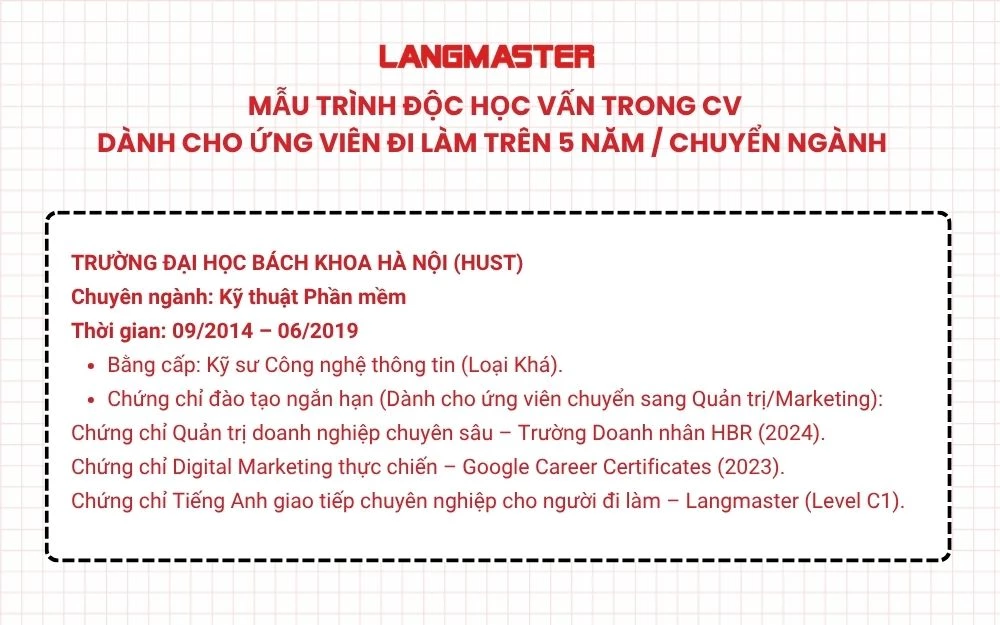 Mẫu trình bày trình độ học vấn trong CV dành cho ứng viên đi làm trên 5 năm hoặc chuyển ngành