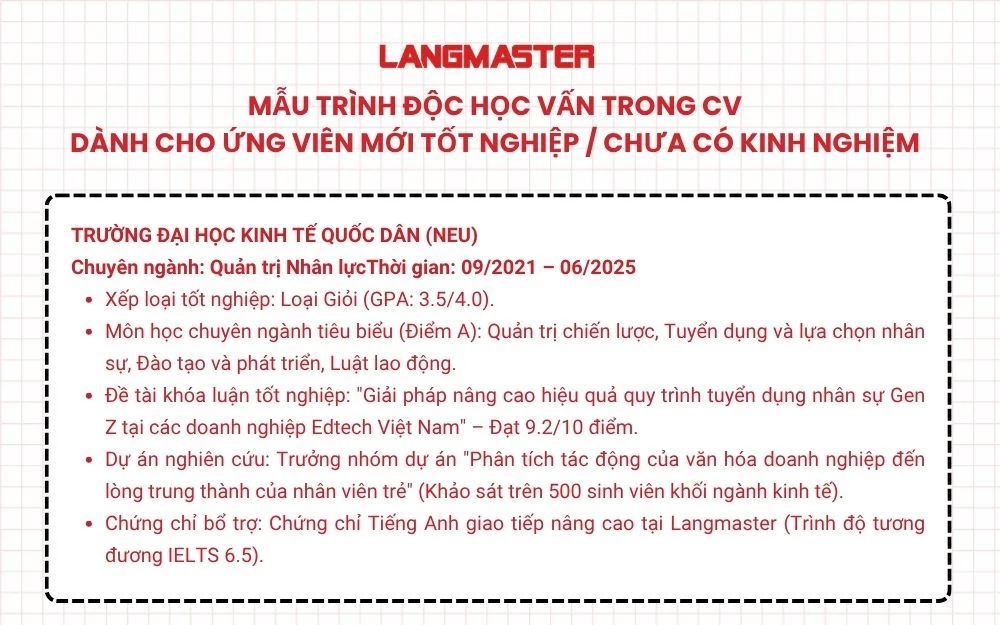 Mẫu trình bày trình độ học vấn trong CV dành cho ứng viên mới tốt nghiệp / chưa có kinh nghiệm
