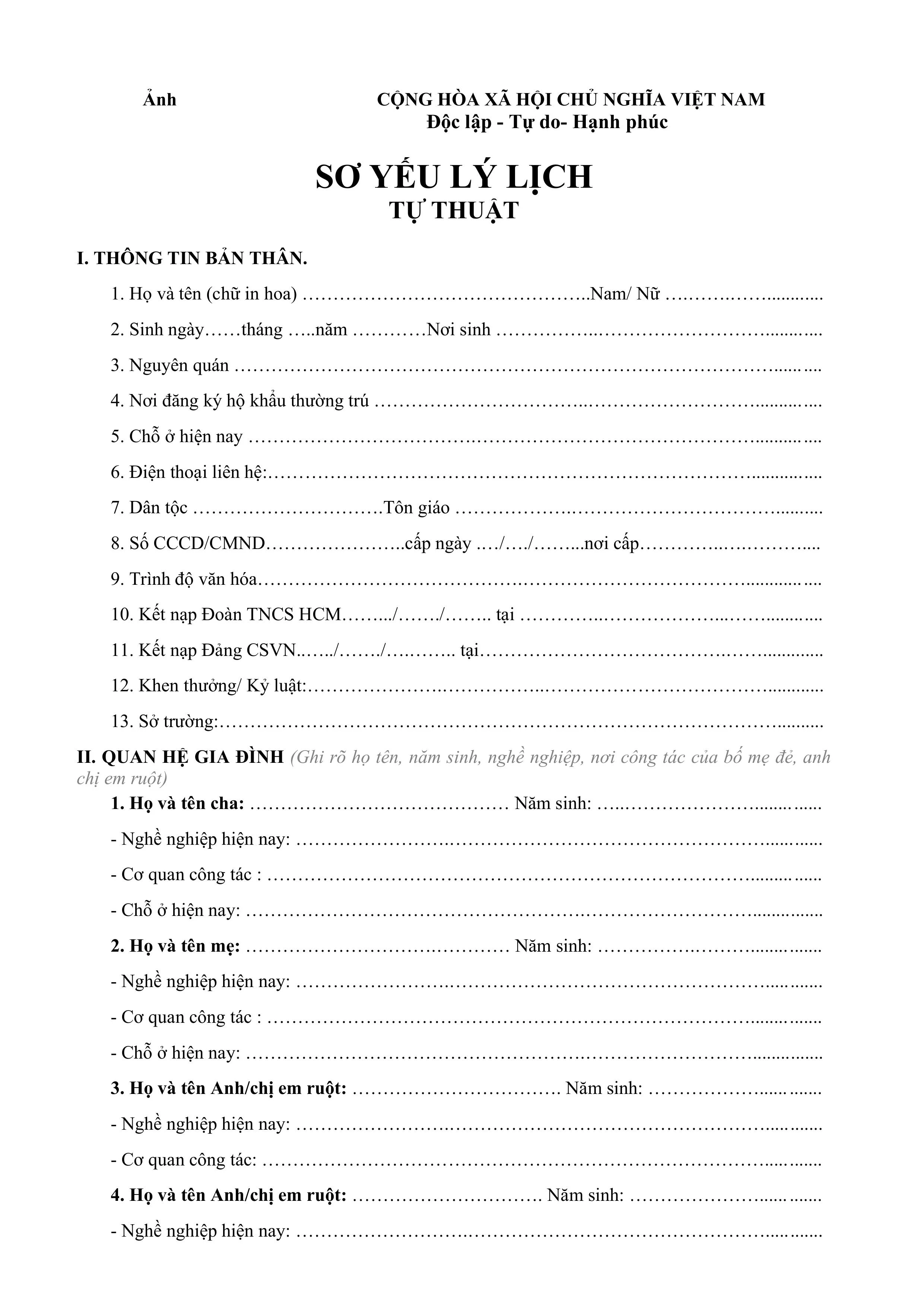 Mẫu sơ yếu lý lịch tự thuật 1