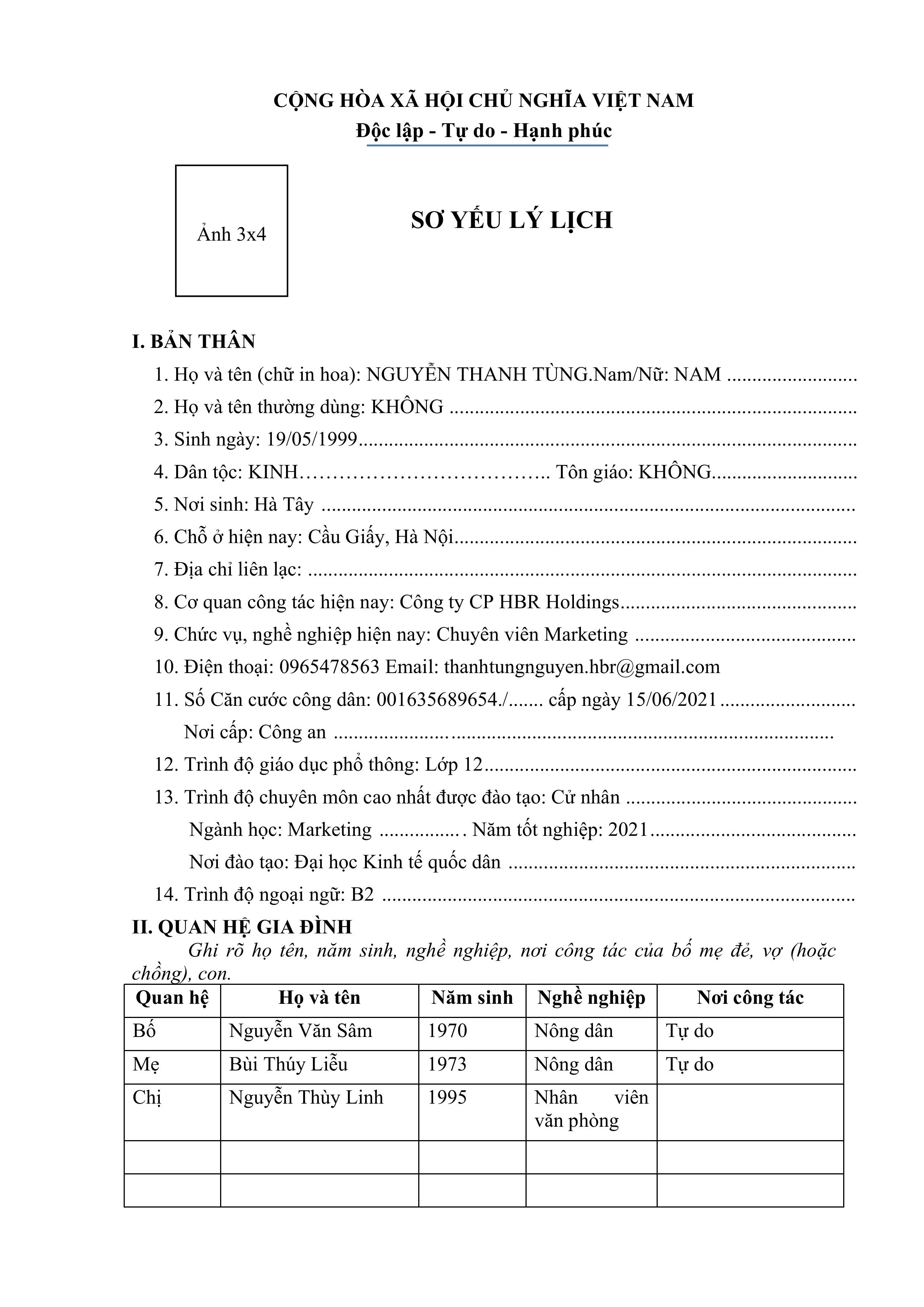 Mẫu trình bày chi tiết sơ yếu lý lịch tự thuật