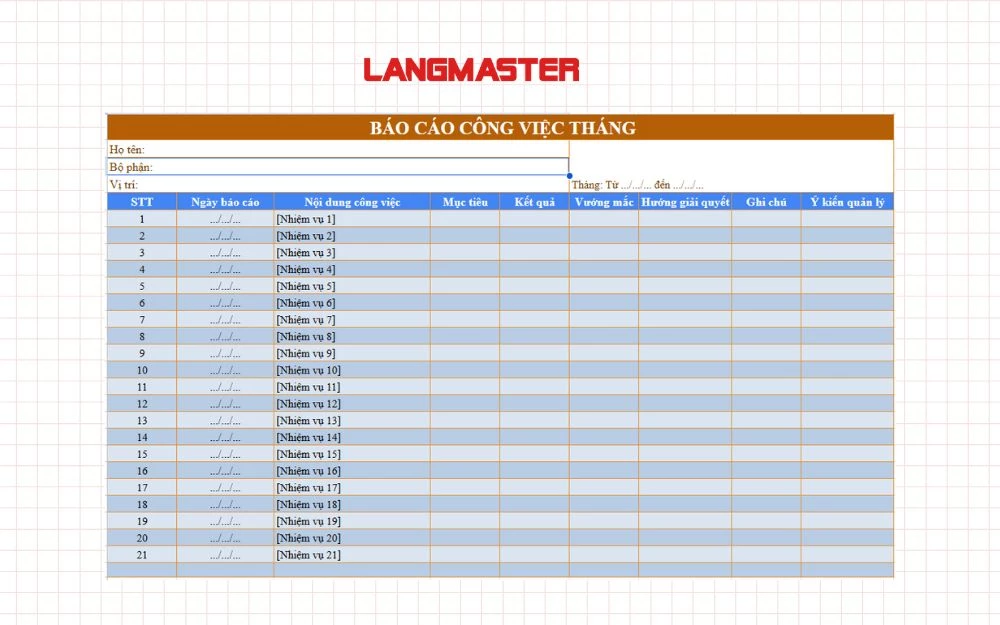 Mẫu bảng báo cáo công việc theo tháng