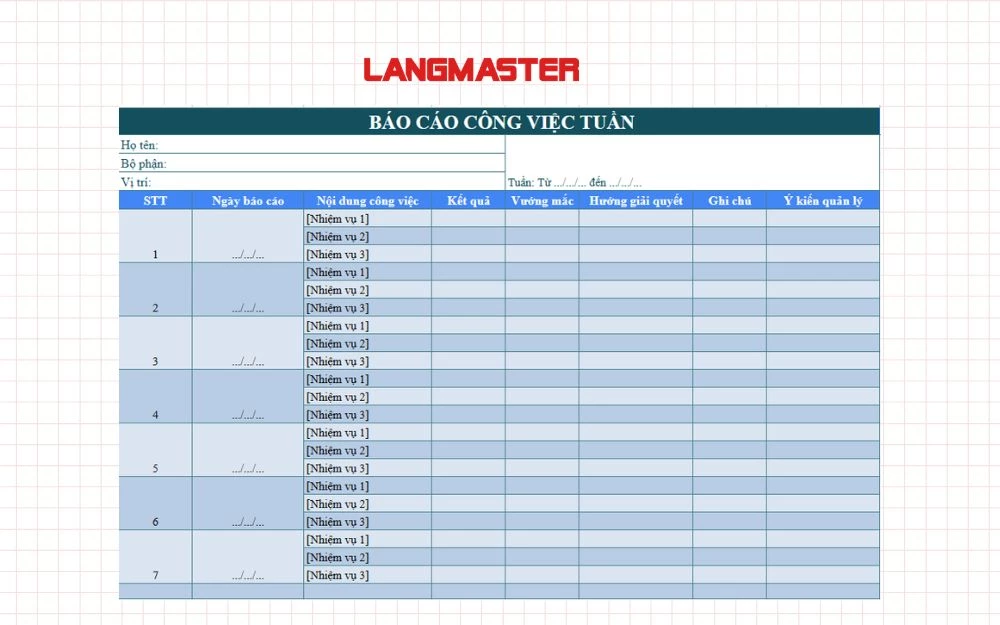 Mẫu bảng báo cáo công việc theo tuần
