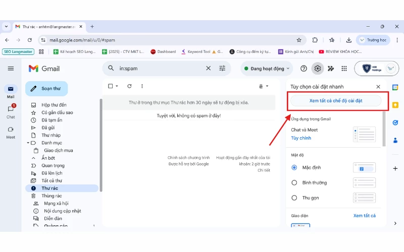 Mở cài đặt trên Gmail