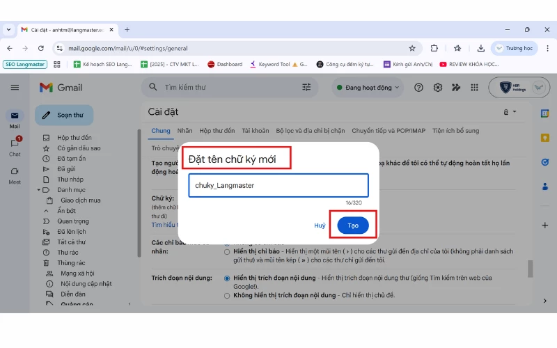 Nhấn vào tạo mới chữ ký