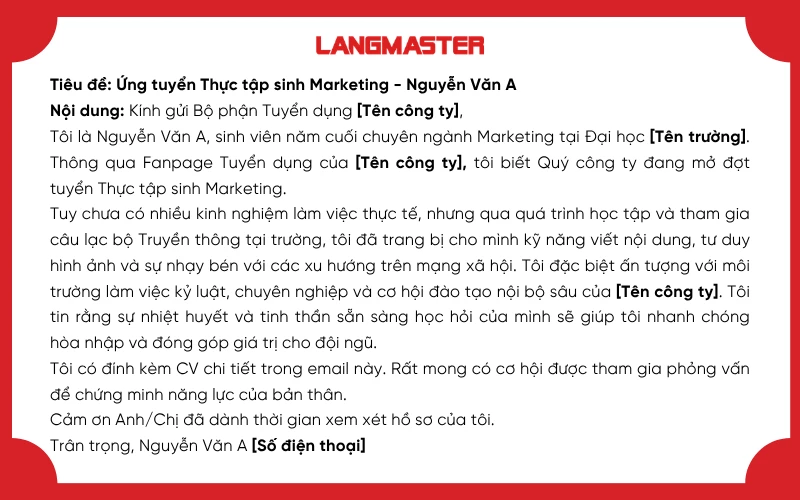 Mẫu email xin việc cho sinh viên / fresher