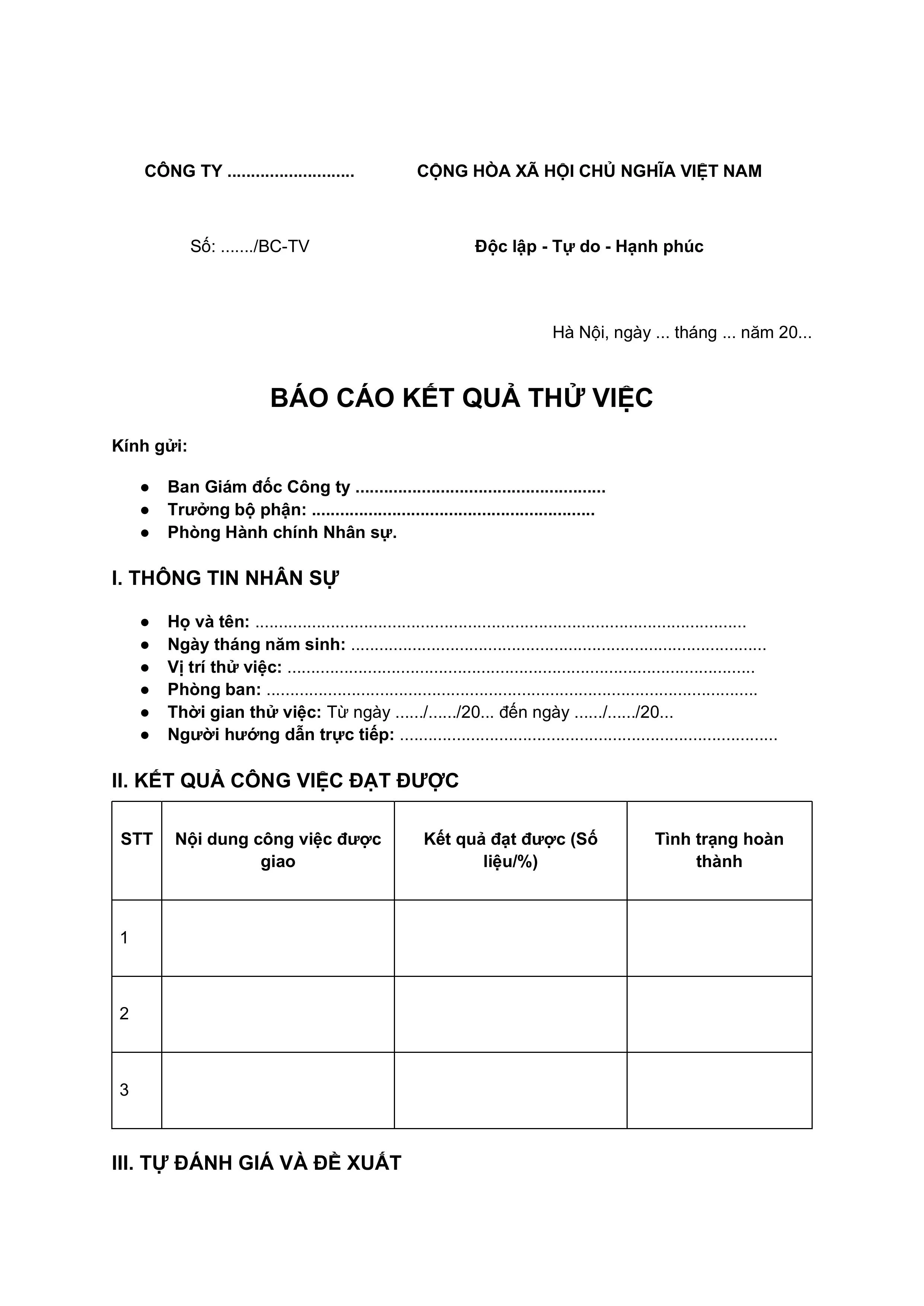 Mẫu báo cáo thử việc 2