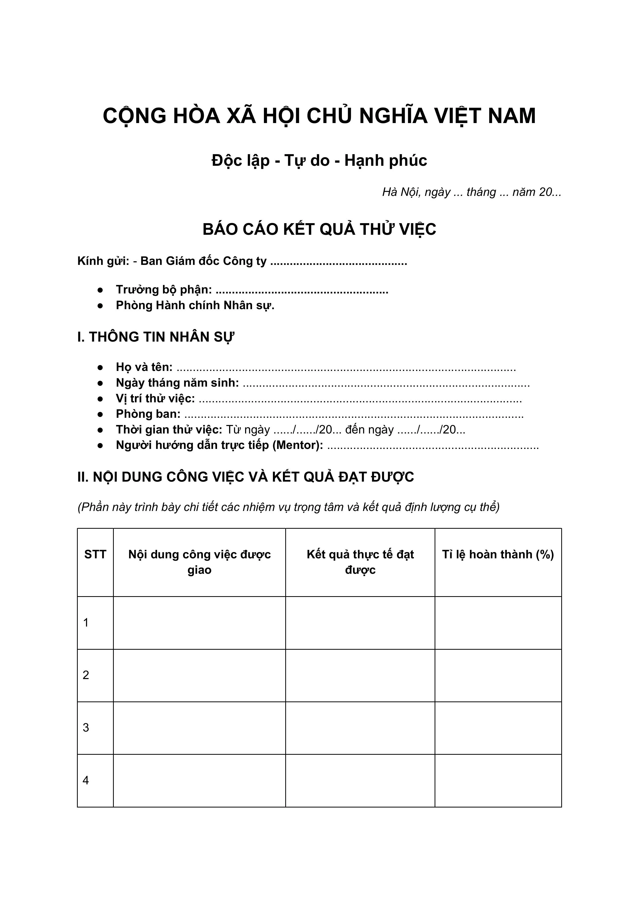 Mẫu báo cáo thử việc 1 