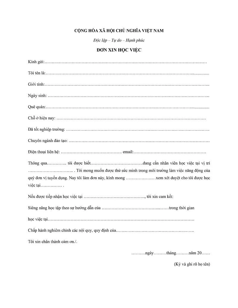 Mẫu đơn xin học việc chuẩn nhất