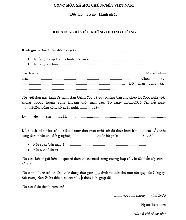 Mẫu đơn xin nghỉ việc không lương