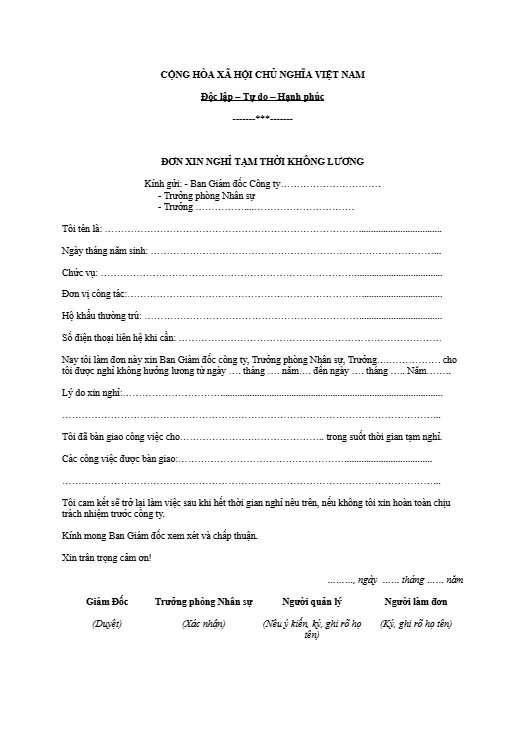 Mẫu đơn xin nghỉ việc tạm thời chuẩn nhất