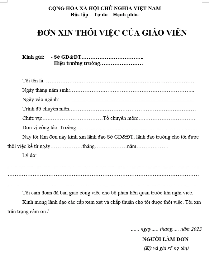 Mẫu đơn xin nghỉ việc cho giáo viên