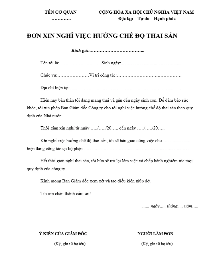 Mẫu đơn xin nghỉ việc hưởng chế độ thai sản
