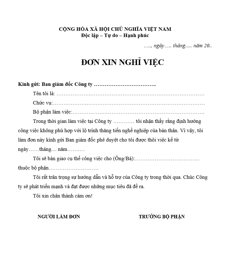 Mẫu đơn xin nghỉ việc vì lý do cá nhân ngắn gọn nhất