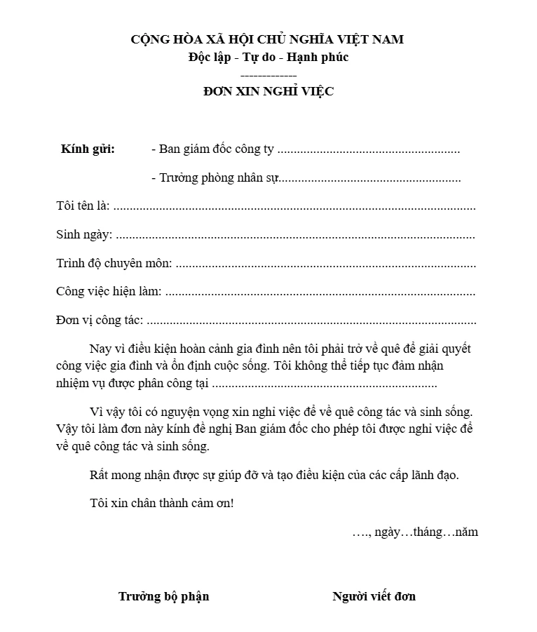 Mẫu đơn xin nghỉ việc vì lý do gia đình