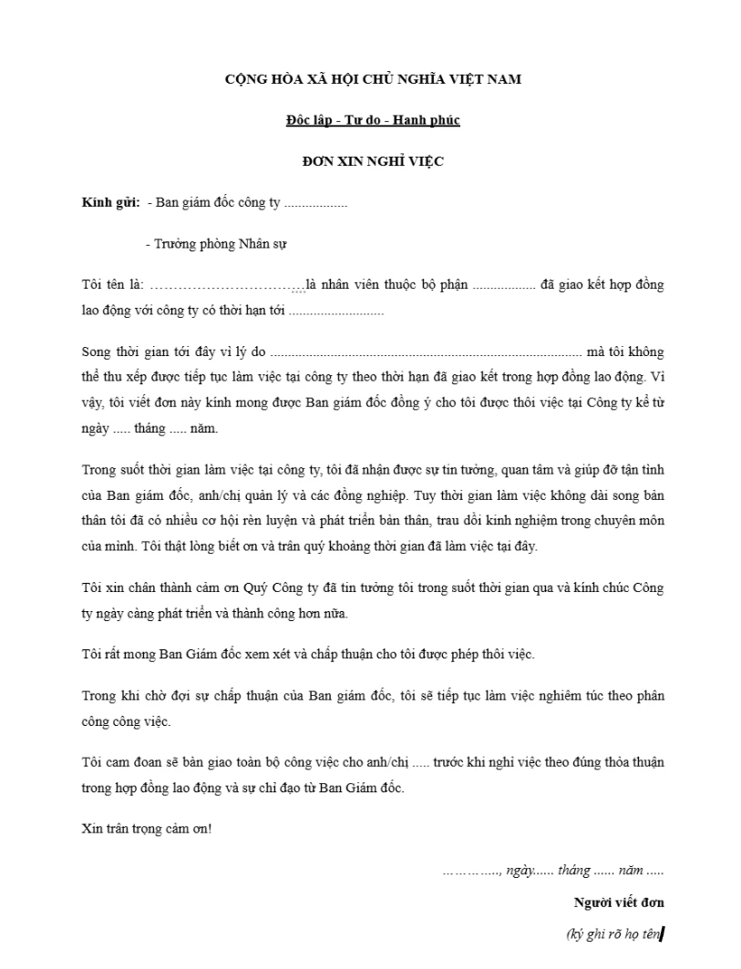 Mẫu đơn xin nghỉ việc công ty chuẩn
