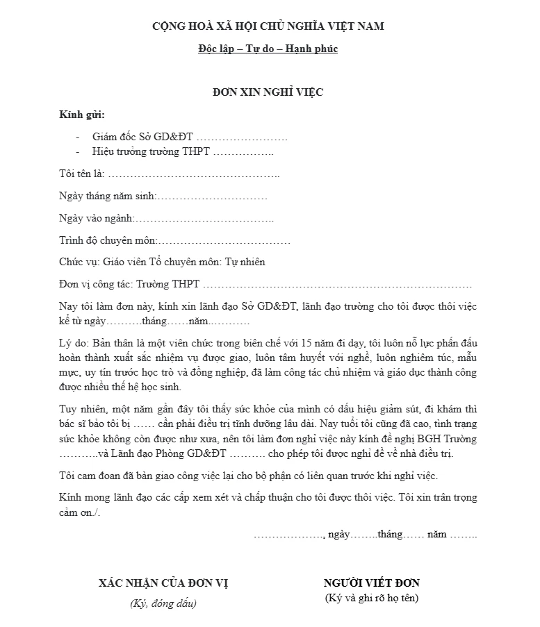 Mẫu đơn xin thôi việc của giáo viên biên chế