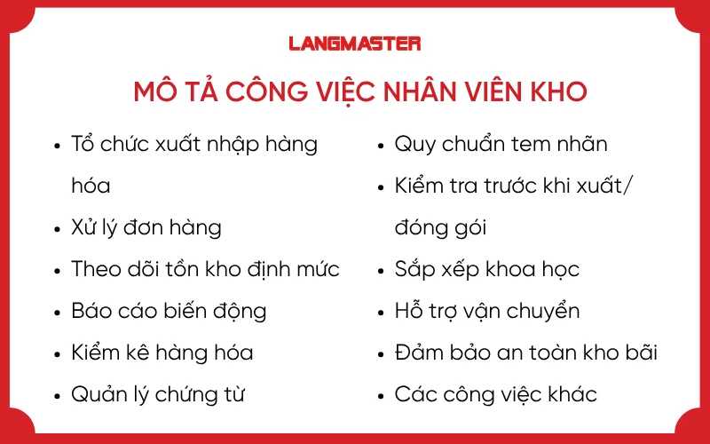 Mô tả công việc nhân viên kho chi tiết