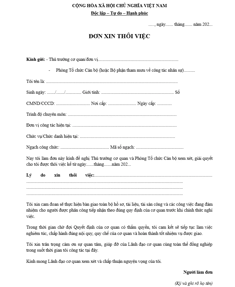 Mẫu đơn xin nghỉ việc công chức