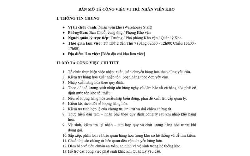 Mẫu JD mô tả công việc nhân viên kho